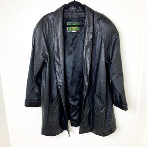 Vintage Russel Lawrence black oversized open leather jacket cuff sleeve medium